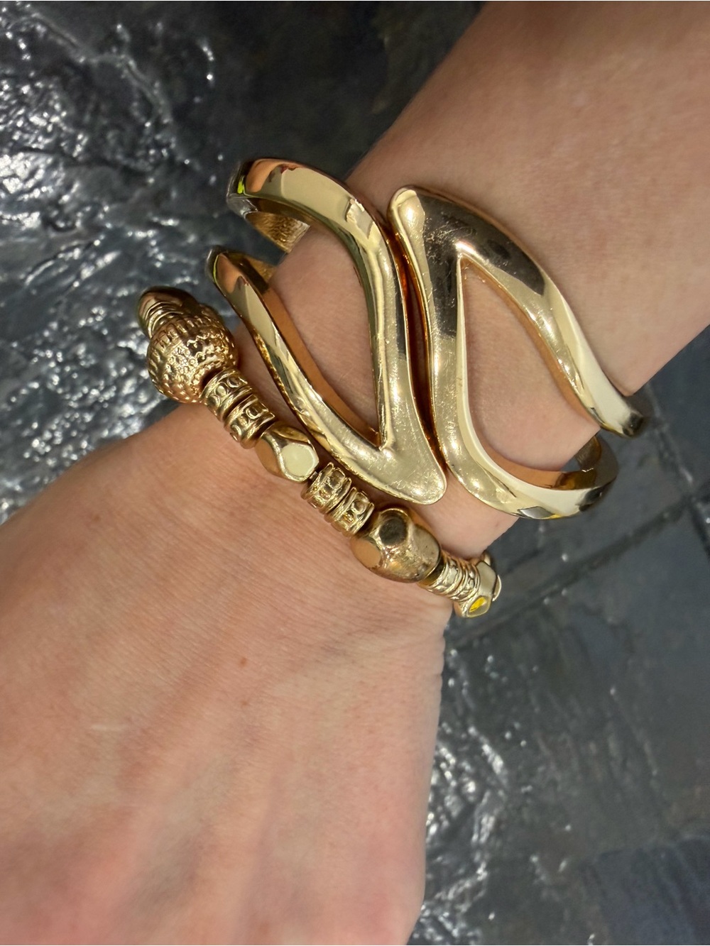 Gold Tone Sculptural Wave and Beaded Bracelet Set